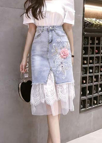 Bohemian Blue Tulle Patchwork Floral Button Denim Skirt TY1075