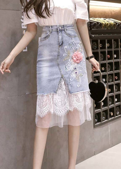 Bohemian Blue Tulle Patchwork Floral Button Denim Skirt TY1075