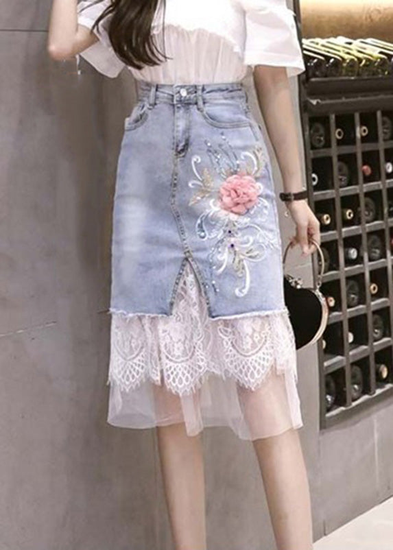 Bohemian Blue Tulle Patchwork Floral Button Denim Skirt TY1075