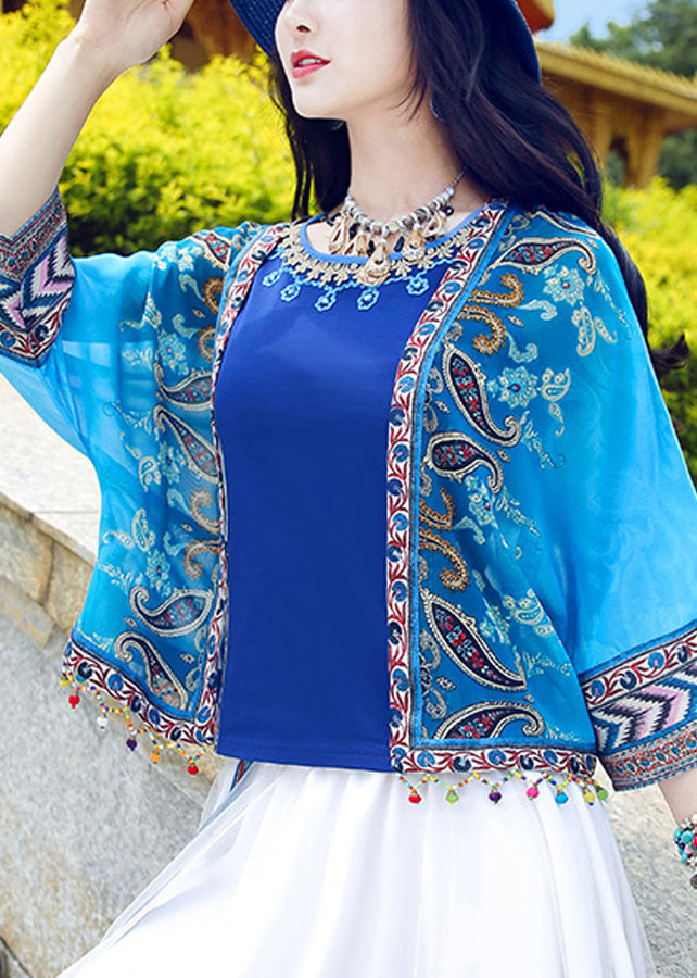 Bohemian Blue V Neck Print Tassel Cardigan Summer LY0179