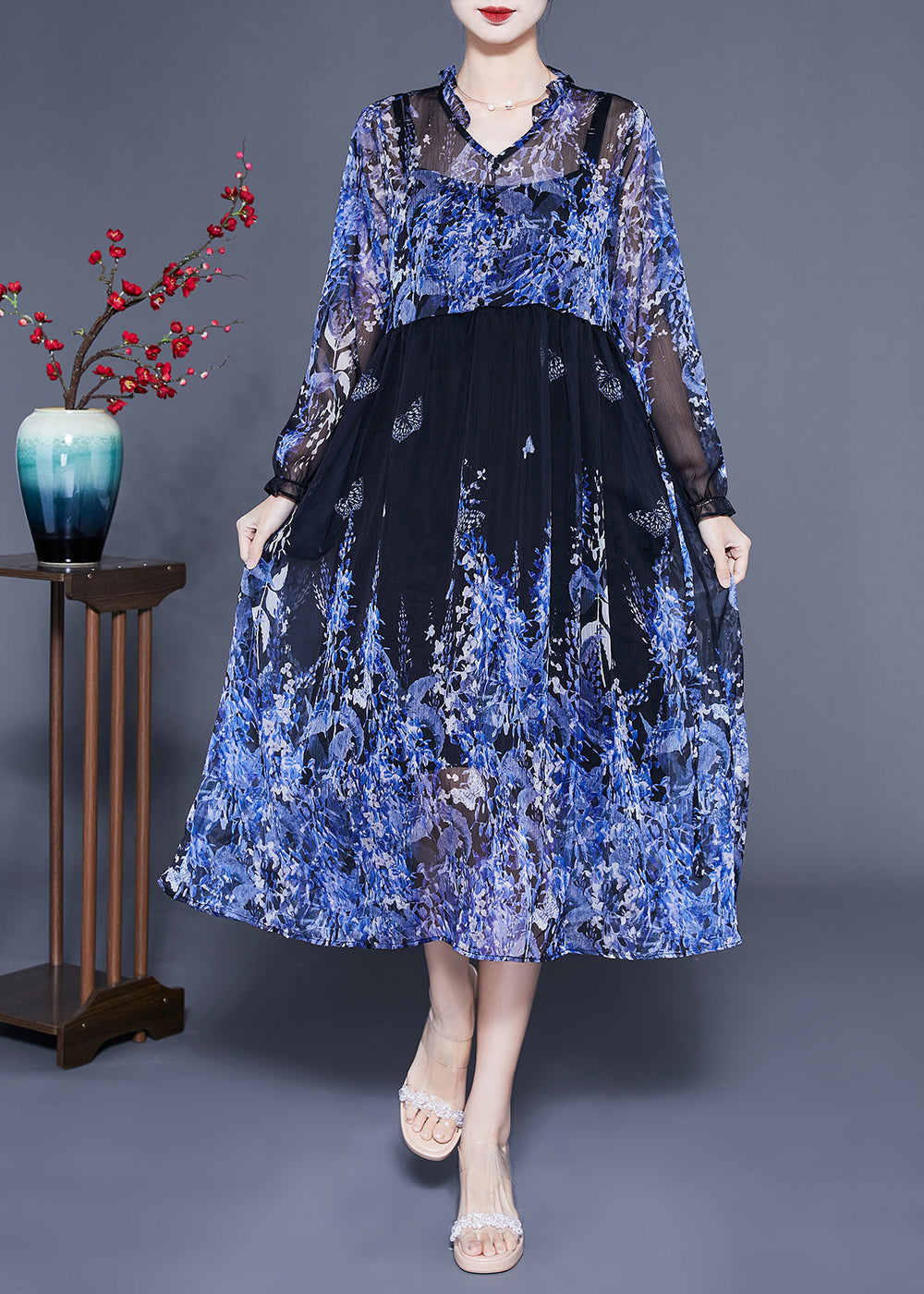 Bohemian Blue V Neck Ruffled Print Chiffon Holiday Dresses Two Piece Set Summer LC0416