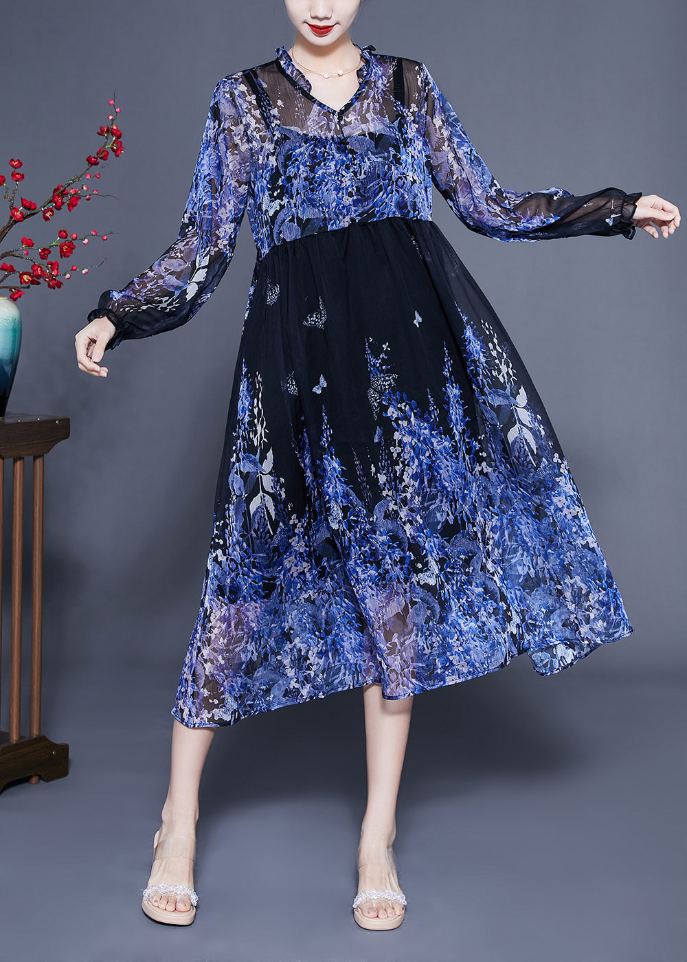 Bohemian Blue V Neck Ruffled Print Chiffon Holiday Dresses Two Piece Set Summer LC0416