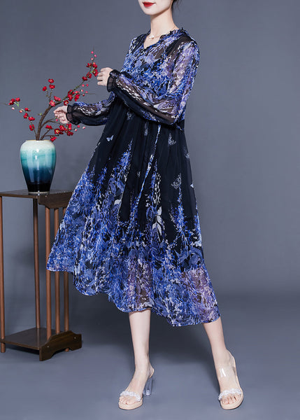 Bohemian Blue V Neck Ruffled Print Chiffon Holiday Dresses Two Piece Set Summer LC0416