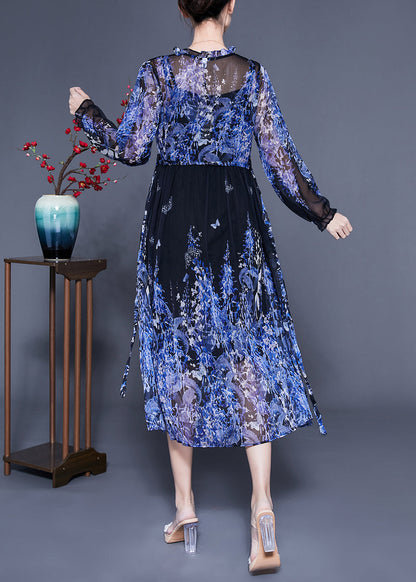 Bohemian Blue V Neck Ruffled Print Chiffon Holiday Dresses Two Piece Set Summer LC0416