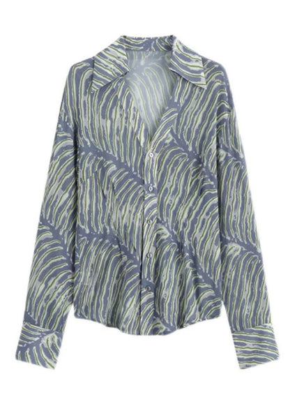 Bohemian Blue V Neck Striped Print Chiffon Shirt Top Spring LY0387