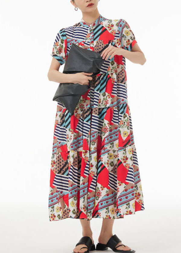 Bohemian Coffee Wrinkled Print Patchwork Chiffon Dress Summer LY1211