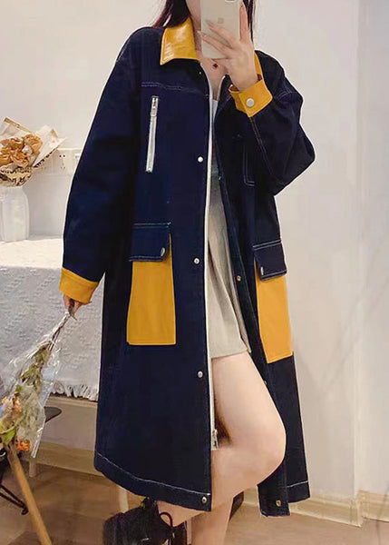 Bohemian Denim Blue Peter Pan Collar Patchwork Zippered Button Linen Long Trench Coats Fall TQ1035
