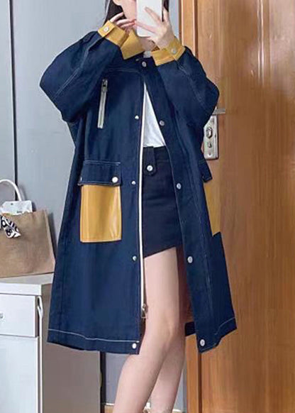 Bohemian Denim Blue Peter Pan Collar Patchwork Zippered Button Linen Long Trench Coats Fall TQ1035