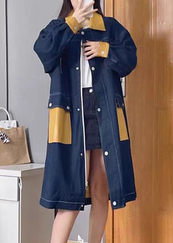 Bohemian Denim Blue Peter Pan Collar Patchwork Zippered Button Linen Long Trench Coats Fall TQ1035