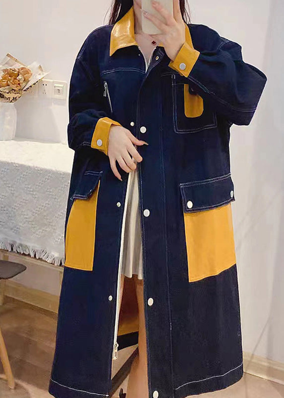 Bohemian Denim Blue Peter Pan Collar Patchwork Zippered Button Linen Long Trench Coats Fall TQ1035