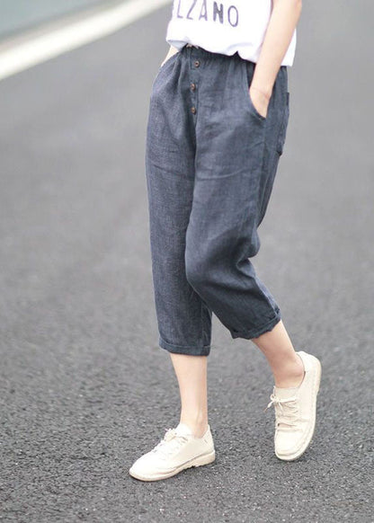 Bohemian Denim Blue Pockets Patchwork Linen Crop Pants Summer LY0629