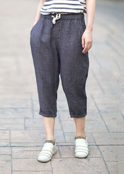 Bohemian Denim Blue Pockets Patchwork Linen Crop Pants Summer LY0629