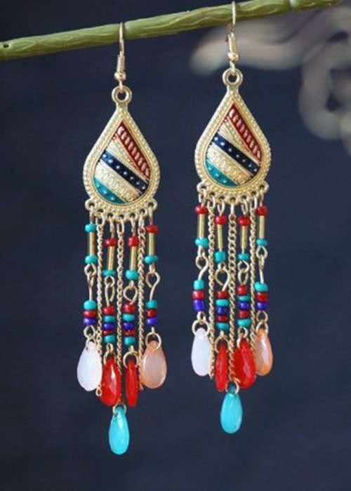 Bohemian Droplet Shape Crystal Tassel Metal Vacation Drop Earrings HE1007