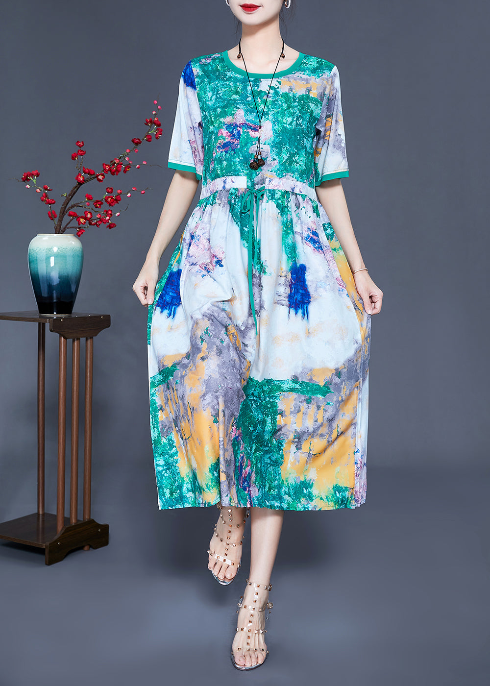 Bohemian Green Cinched Tie Dye Silk Dress Summer LY0926