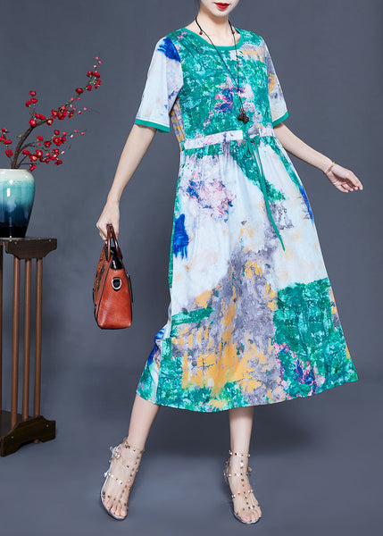 Bohemian Green Cinched Tie Dye Silk Dress Summer LY0926