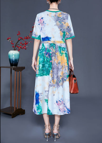 Bohemian Green Cinched Tie Dye Silk Dress Summer LY0926