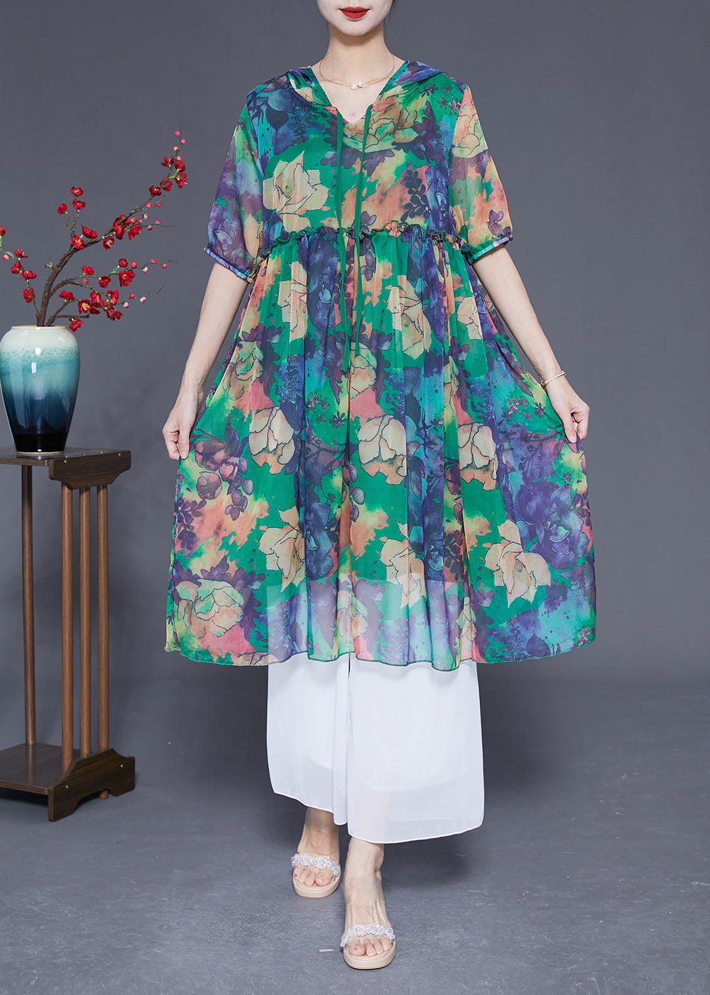 Bohemian Green Hooded Ruffled Print Chiffon Dress Summer LY1831