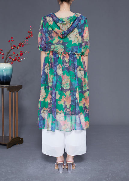 Bohemian Green Hooded Ruffled Print Chiffon Dress Summer LY1831