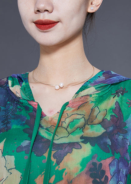 Bohemian Green Hooded Ruffled Print Chiffon Dress Summer LY1831