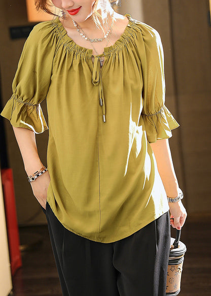 Bohemian Green O-Neck Drawstring Solid Top Summer LY1497