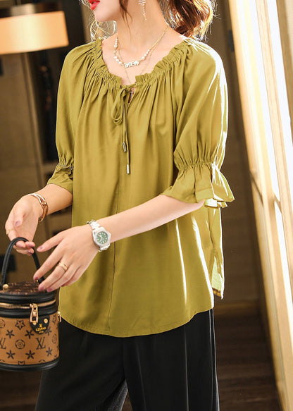 Bohemian Green O-Neck Drawstring Solid Top Summer LY1497