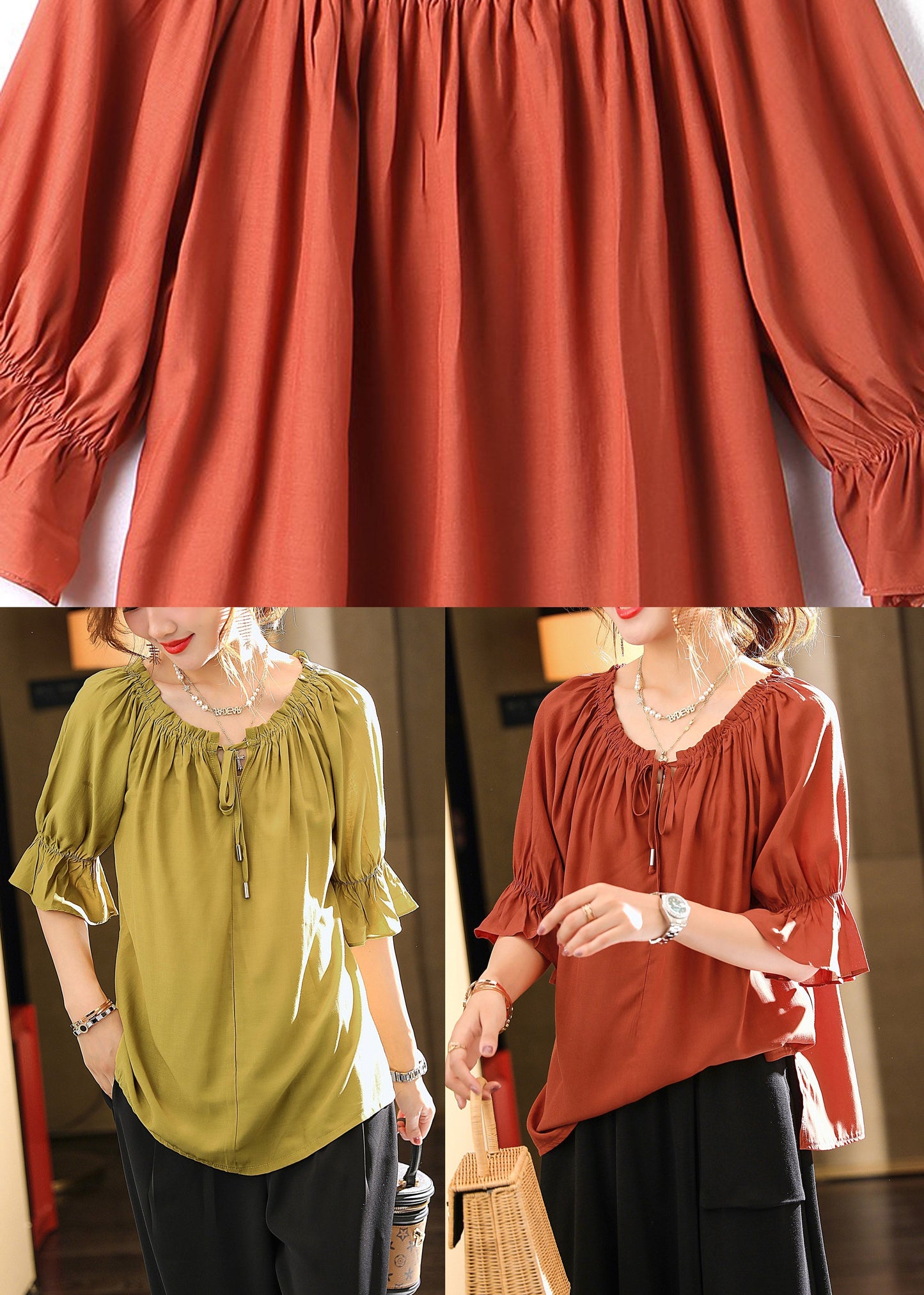 Bohemian Green O-Neck Drawstring Solid Top Summer LY1497