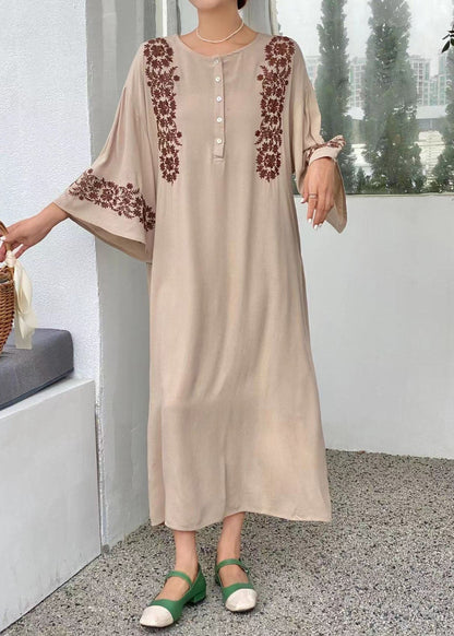 Bohemian Green O-Neck Embroideried Cotton Dress Flare Sleeve LY1349