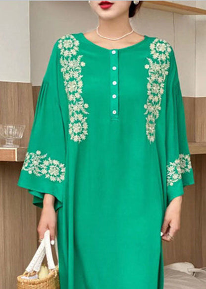 Bohemian Green O-Neck Embroideried Cotton Dress Flare Sleeve LY1349