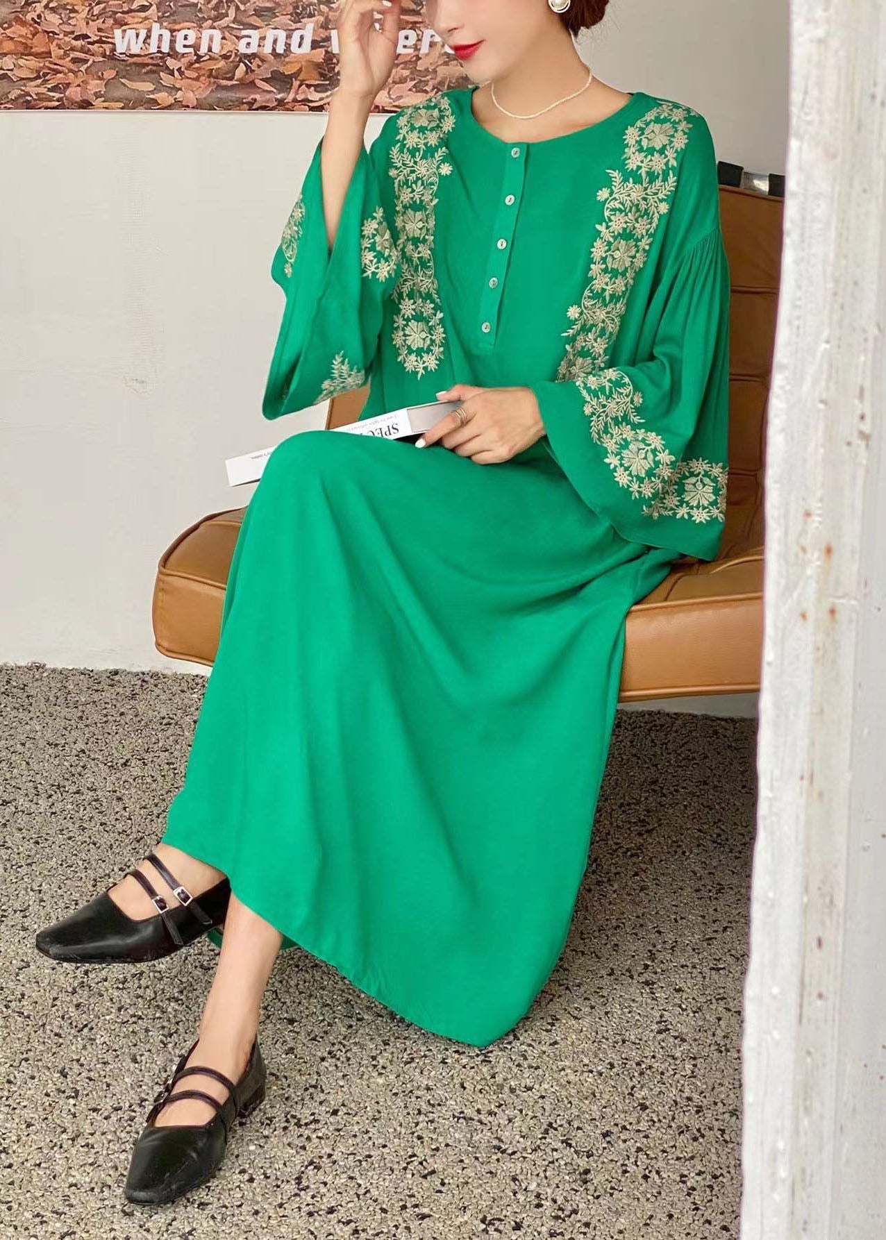 Bohemian Green O-Neck Embroideried Cotton Dress Flare Sleeve LY1349