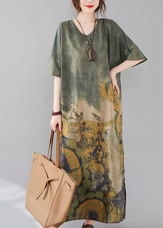 Bohemian Green O-Neck Print Side Open Long Dress AC2038