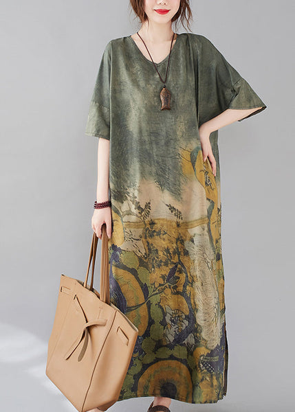 Bohemian Green O-Neck Print Side Open Long Dress AC2038