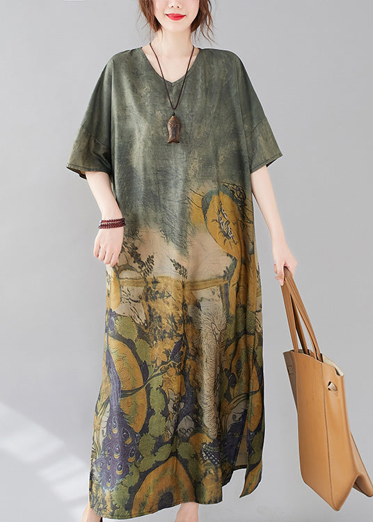 Bohemian Green O-Neck Print Side Open Long Dress AC2038