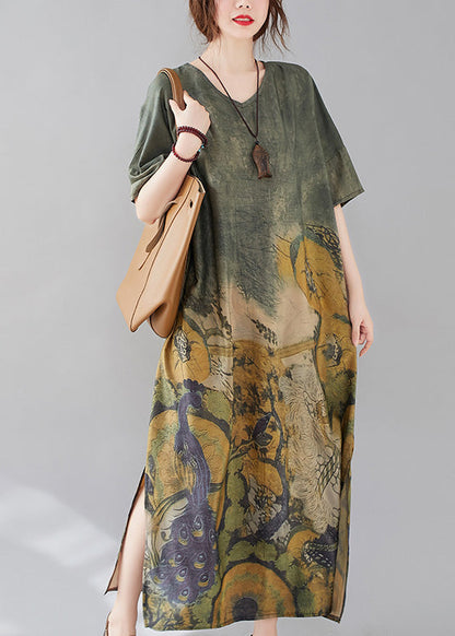 Bohemian Green O-Neck Print Side Open Long Dress AC2038