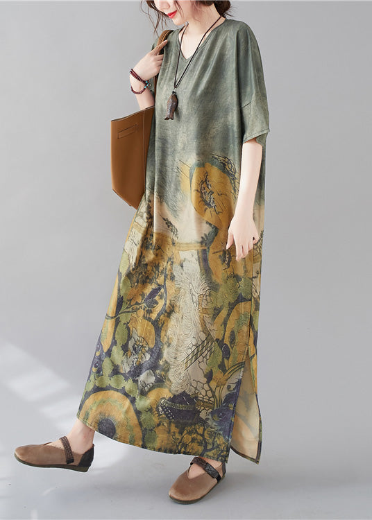 Bohemian Green O-Neck Print Side Open Long Dress AC2038