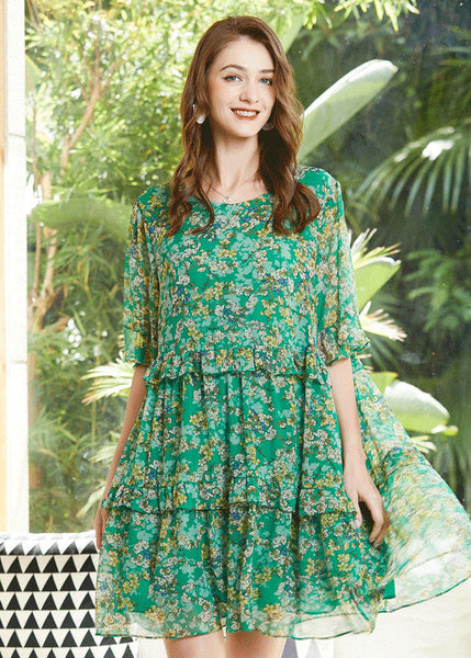 Robe de fête bohème verte à col rond et volants en mousseline imprimée, manches évasées LY0340