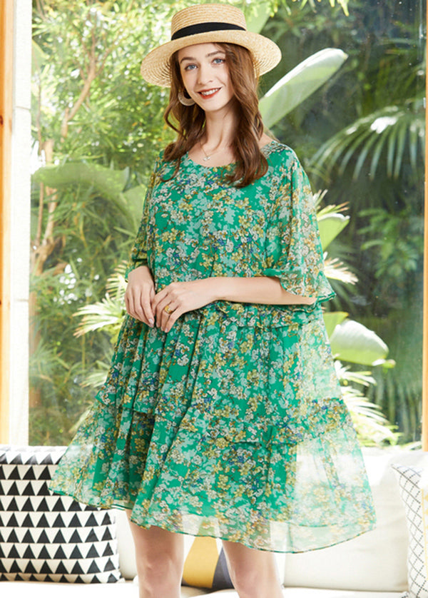 Bohemian Green O-Neck Ruffles Print Chiffon Holiday Dresses Flare Sleeve LY0340