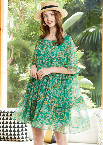 Robe de fête bohème verte à col rond et volants en mousseline imprimée, manches évasées LY0340