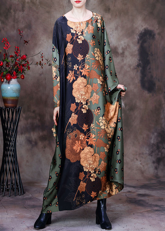 Bohemian Green Print Silk Maxi Dress Batwing Sleeve HA1032