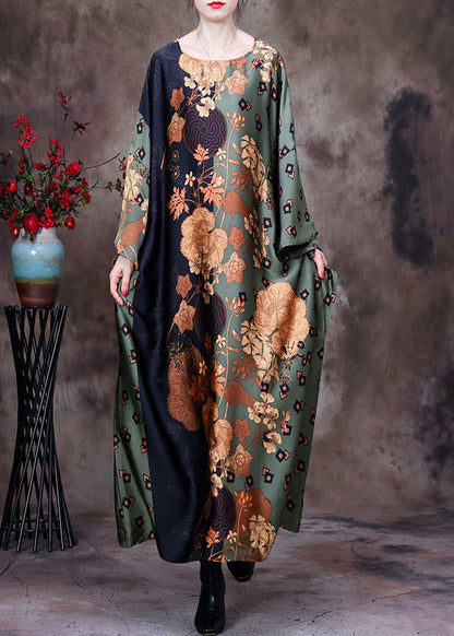 Bohemian Green Print Silk Maxi Dress Batwing Sleeve HA1032