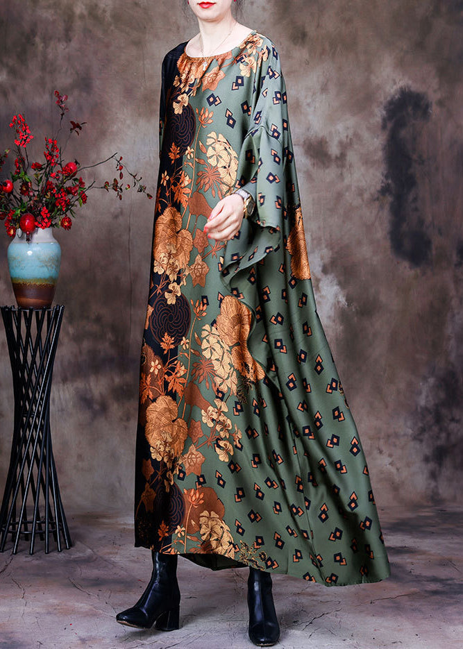 Bohemian Green Print Silk Maxi Dress Batwing Sleeve HA1032