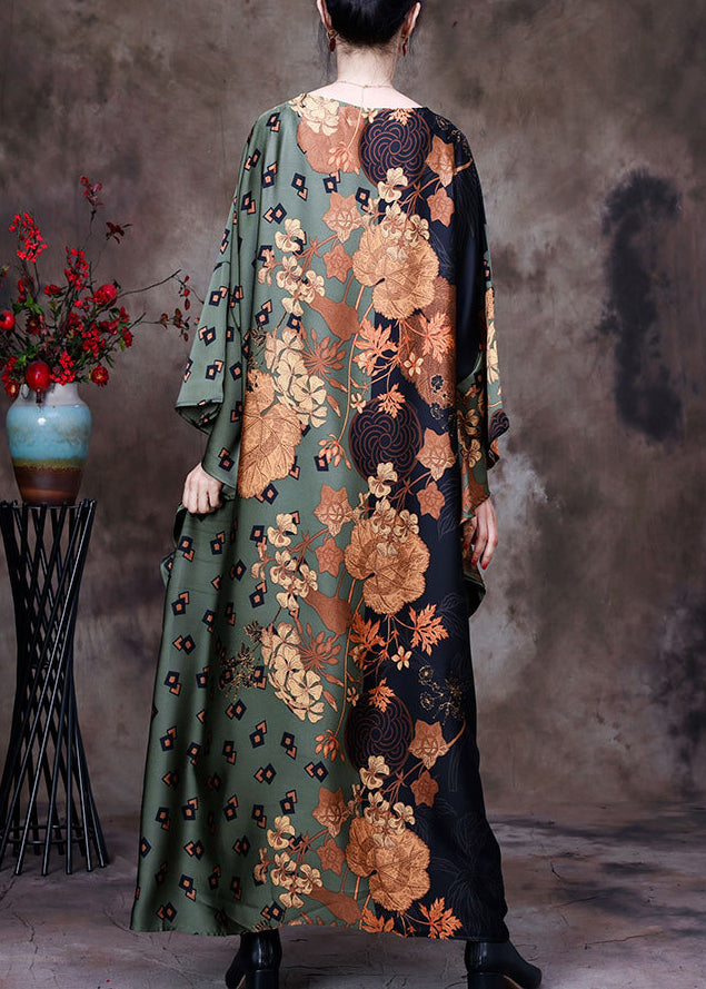 Bohemian Green Print Silk Maxi Dress Batwing Sleeve HA1032