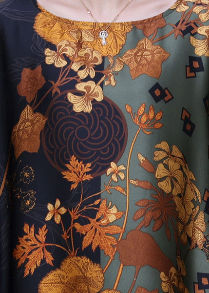 Robe longue bohème en soie imprimée verte à manches chauve-souris HA1032