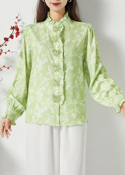 Bohemian Green Ruffled Print Butterfly Silk Tops Spring LY1119