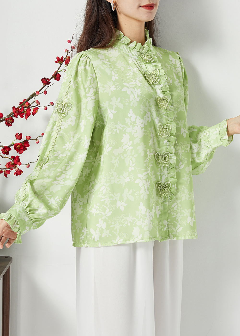 Bohemian Green Ruffled Print Butterfly Silk Tops Spring LY1119