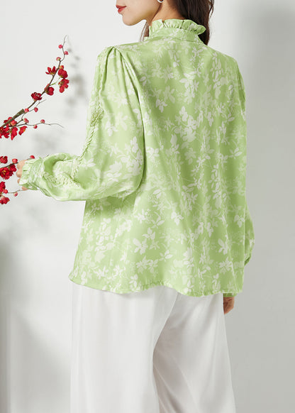 Bohemian Green Ruffled Print Butterfly Silk Tops Spring LY1119