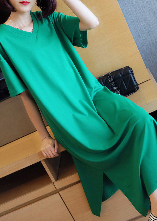 Bohemian Green V Neck Side Open Cotton Long Dress Summer LY1447