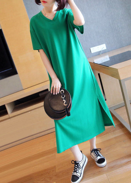 Bohemian Green V Neck Side Open Cotton Long Dress Summer LY1447