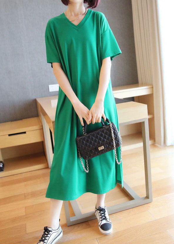 Bohemian Green V Neck Side Open Cotton Long Dress Summer LY1447