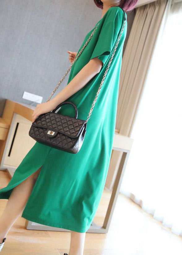 Bohemian Green V Neck Side Open Cotton Long Dress Summer LY1447