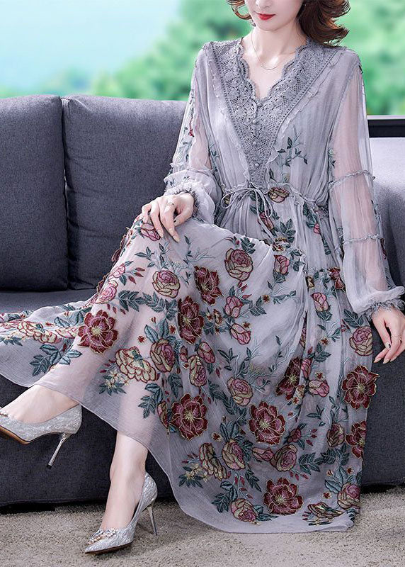 Bohemian Grey V Neck Patchwork Embroideried Tulle Cinched Dress Spring TH1031